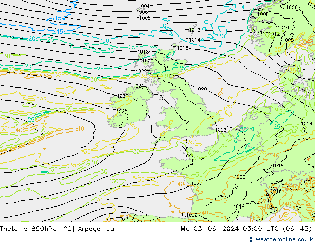 Theta-e 850hPa Arpege-eu pon. 03.06.2024 03 UTC