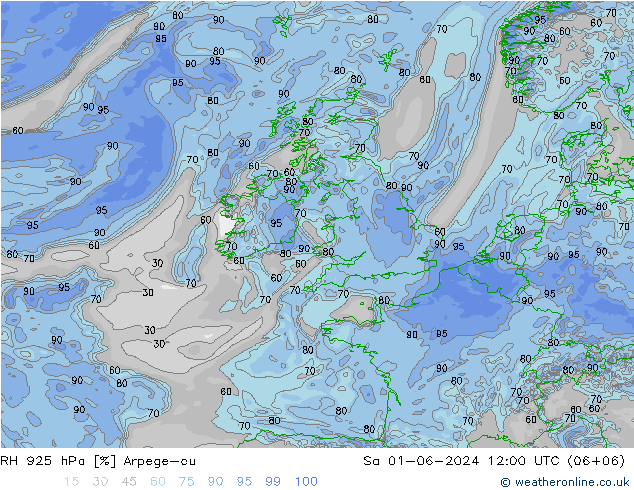 RH 925 hPa Arpege-eu Sa 01.06.2024 12 UTC