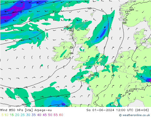 wiatr 850 hPa Arpege-eu so. 01.06.2024 12 UTC