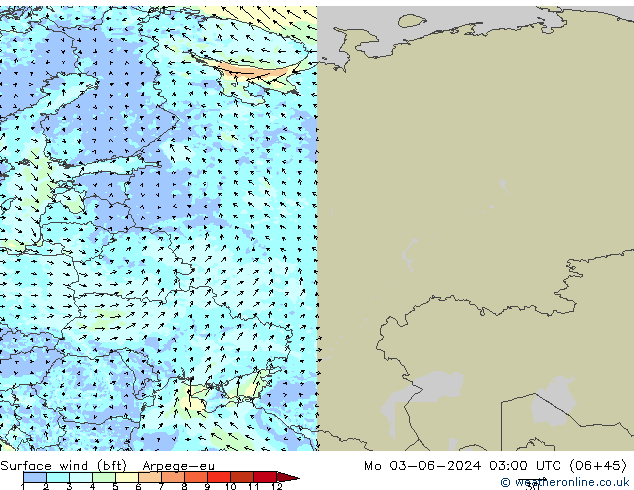 ве�Bе�@ 10 m (bft) Arpege-eu пн 03.06.2024 03 UTC