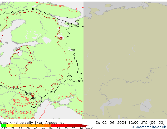 Max. wind velocity Arpege-eu dom 02.06.2024 12 UTC