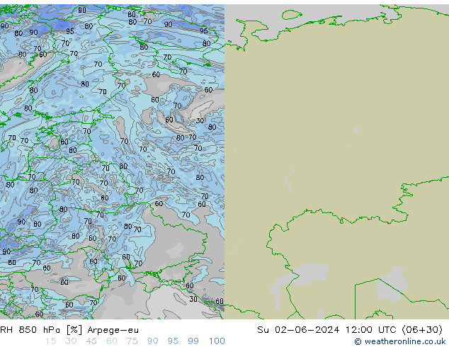 Humedad rel. 850hPa Arpege-eu dom 02.06.2024 12 UTC