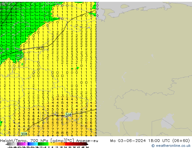 Height/Temp. 700 hPa Arpege-eu pon. 03.06.2024 18 UTC