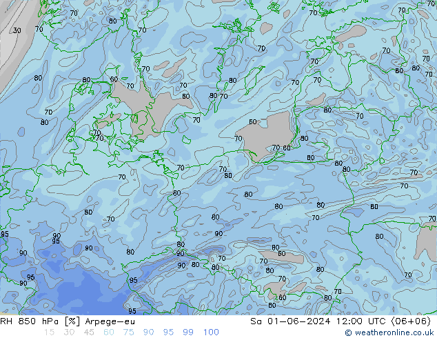 RH 850 hPa Arpege-eu Sa 01.06.2024 12 UTC