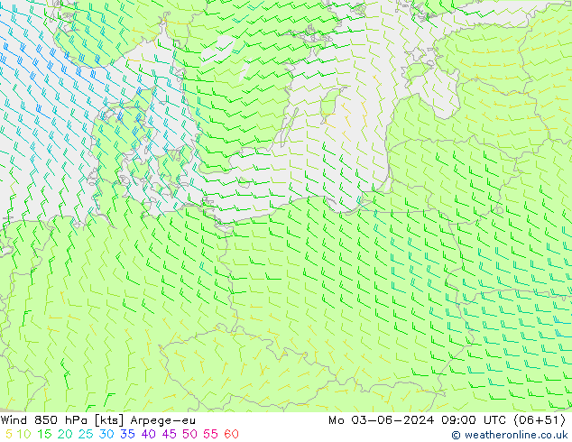 Wind 850 hPa Arpege-eu Po 03.06.2024 09 UTC