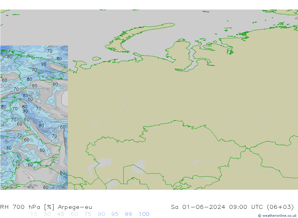 Humidité rel. 700 hPa Arpege-eu sam 01.06.2024 09 UTC