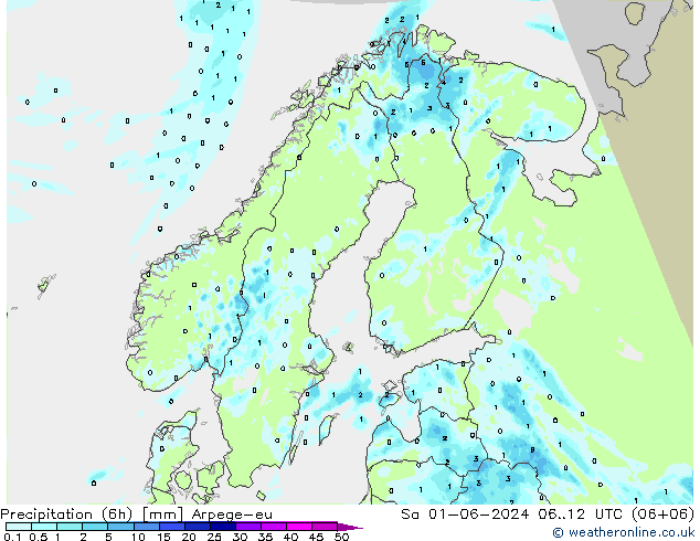 Precipitação (6h) Arpege-eu Sáb 01.06.2024 12 UTC