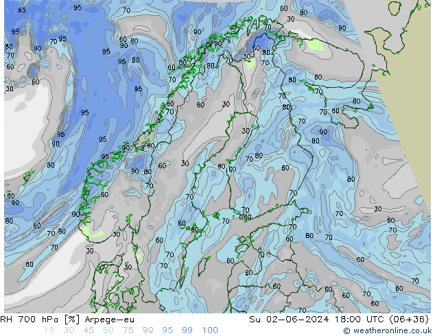 RH 700 hPa Arpege-eu So 02.06.2024 18 UTC