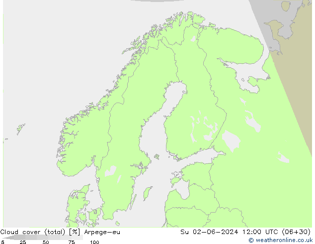 Cloud cover (total) Arpege-eu Ne 02.06.2024 12 UTC