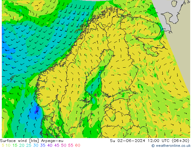 Vento 10 m Arpege-eu dom 02.06.2024 12 UTC