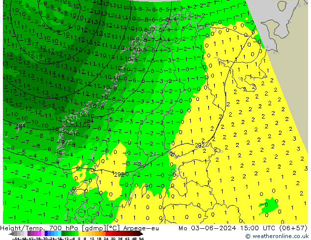 Height/Temp. 700 hPa Arpege-eu Mo 03.06.2024 15 UTC