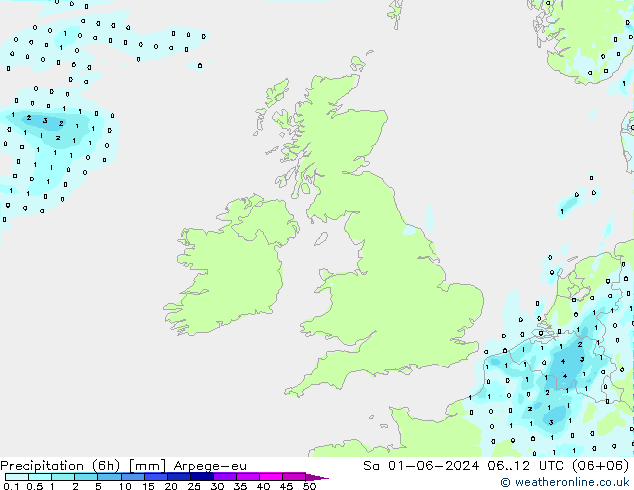 Totale neerslag (6h) Arpege-eu za 01.06.2024 12 UTC