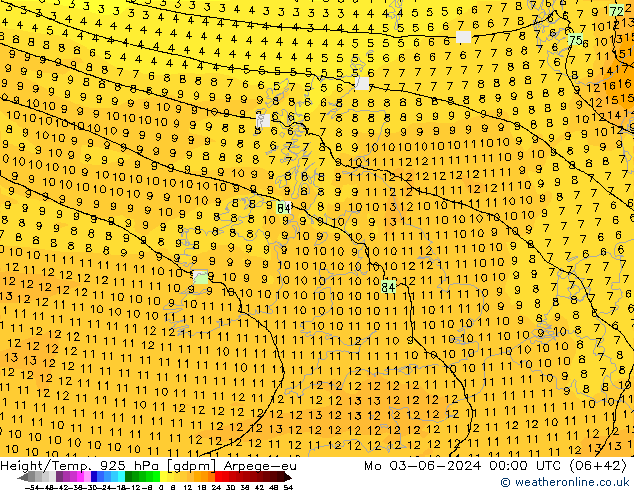 Height/Temp. 925 hPa Arpege-eu Mo 03.06.2024 00 UTC