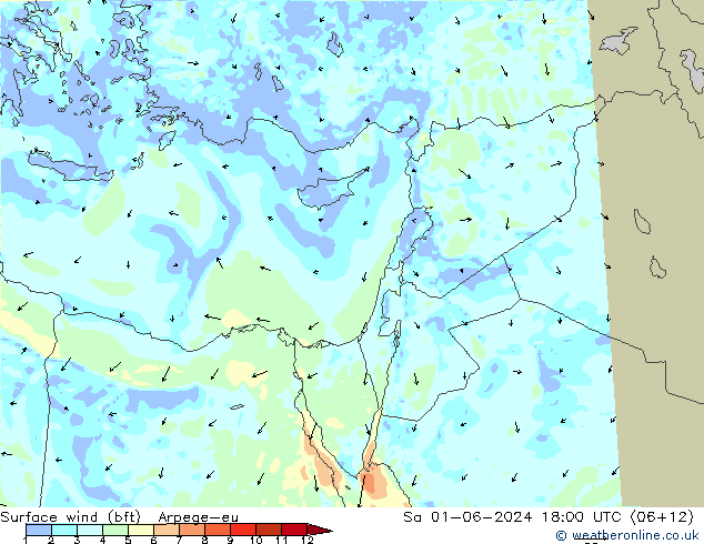 Surface wind (bft) Arpege-eu Sa 01.06.2024 18 UTC