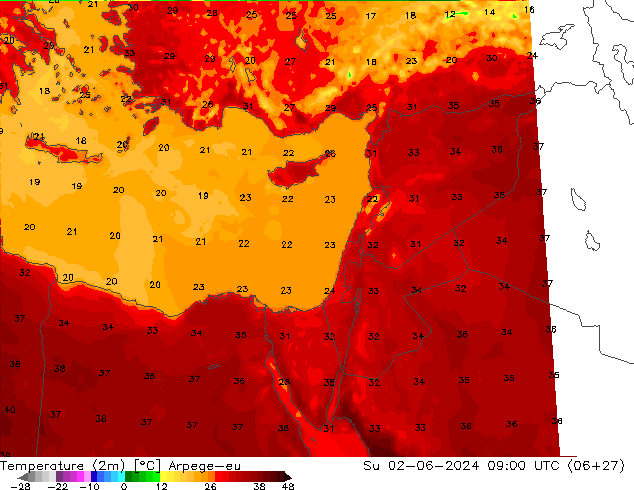 Temperaturkarte (2m) Arpege-eu So 02.06.2024 09 UTC