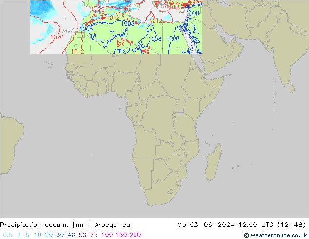 Precipitation accum. Arpege-eu Mo 03.06.2024 12 UTC