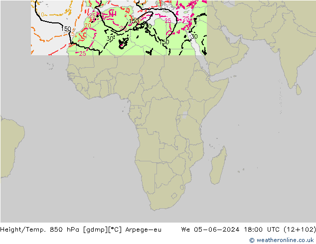 Geop./Temp. 850 hPa Arpege-eu mié 05.06.2024 18 UTC