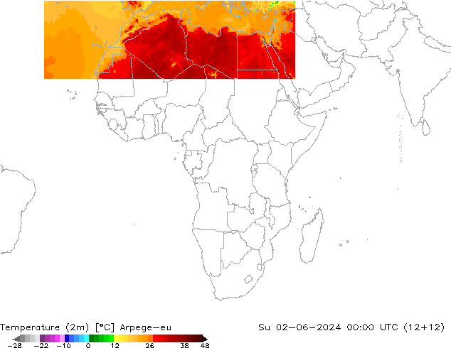 température (2m) Arpege-eu dim 02.06.2024 00 UTC