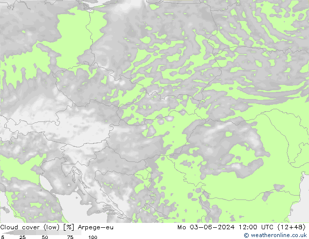 Cloud cover (low) Arpege-eu Mo 03.06.2024 12 UTC