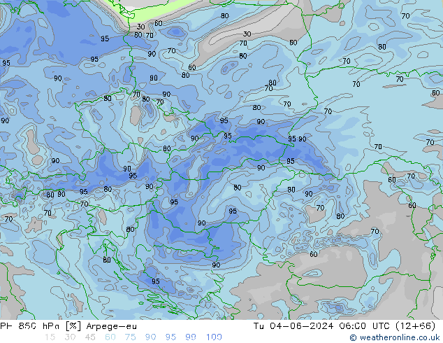 RH 850 hPa Arpege-eu Tu 04.06.2024 06 UTC
