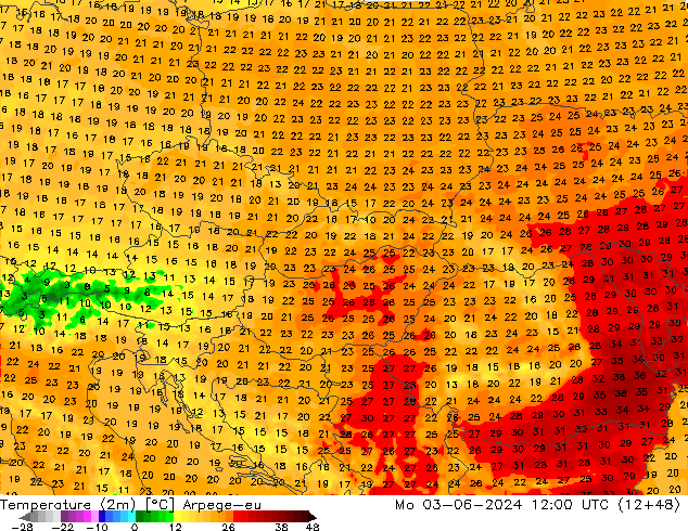 mapa temperatury (2m) Arpege-eu pon. 03.06.2024 12 UTC
