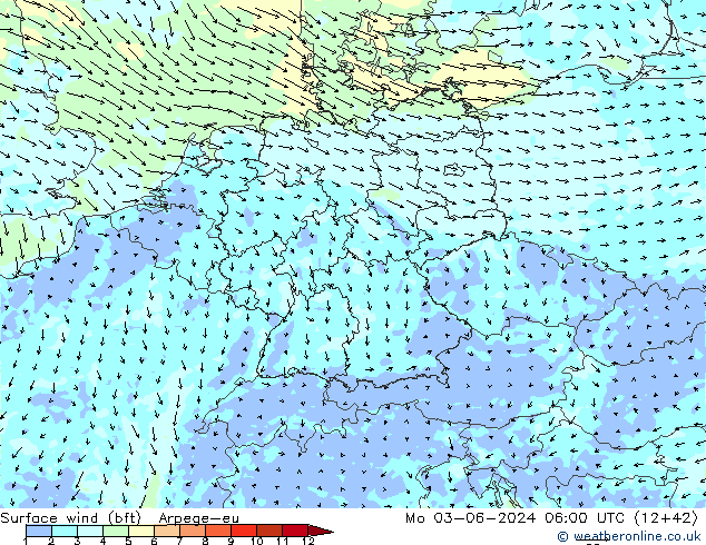 Surface wind (bft) Arpege-eu Mo 03.06.2024 06 UTC