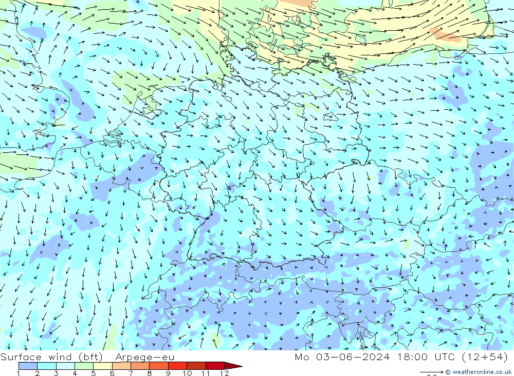 Vent 10 m (bft) Arpege-eu lun 03.06.2024 18 UTC