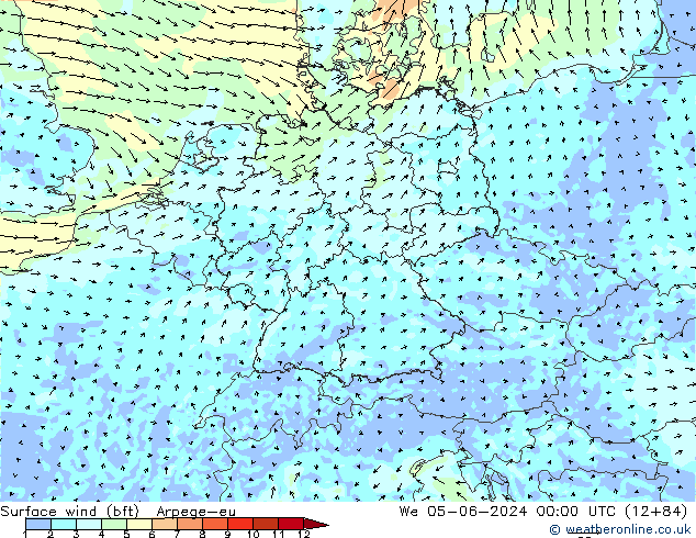 Rüzgar 10 m (bft) Arpege-eu Çar 05.06.2024 00 UTC