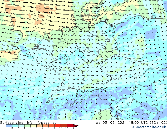 Surface wind (bft) Arpege-eu We 05.06.2024 18 UTC