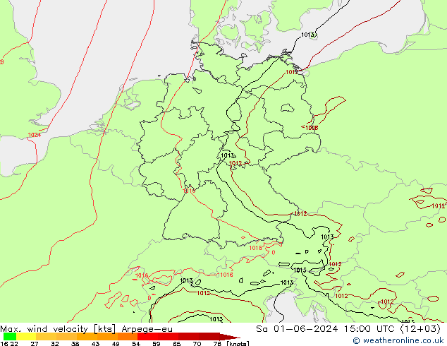 Max. wind velocity Arpege-eu  01.06.2024 15 UTC