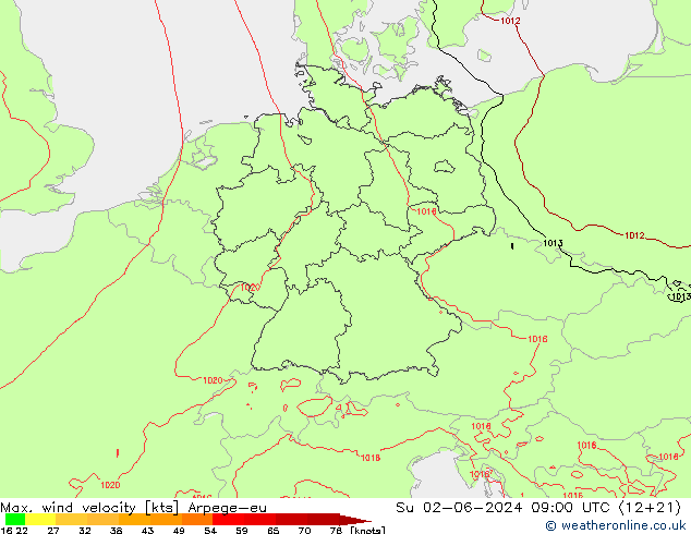 Max. wind velocity Arpege-eu nie. 02.06.2024 09 UTC