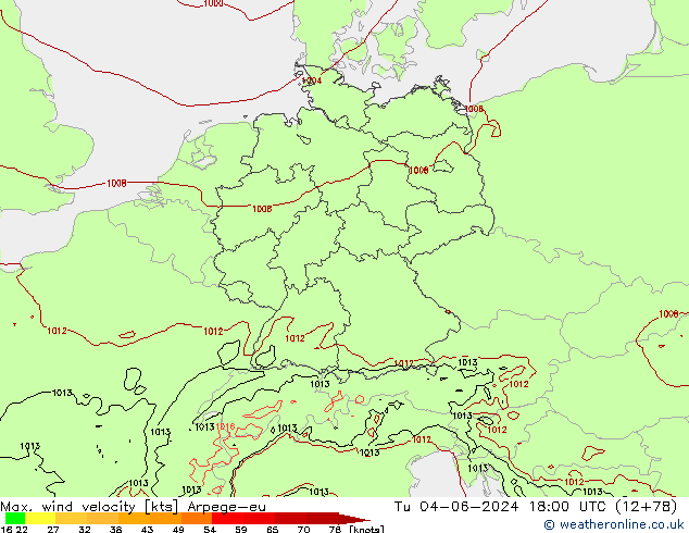 Max. wind velocity Arpege-eu Tu 04.06.2024 18 UTC