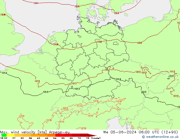 Max. wind velocity Arpege-eu ср 05.06.2024 06 UTC