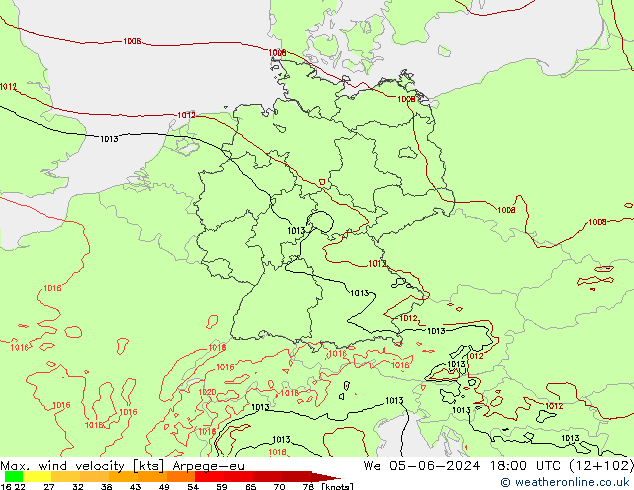 Max. wind snelheid Arpege-eu wo 05.06.2024 18 UTC