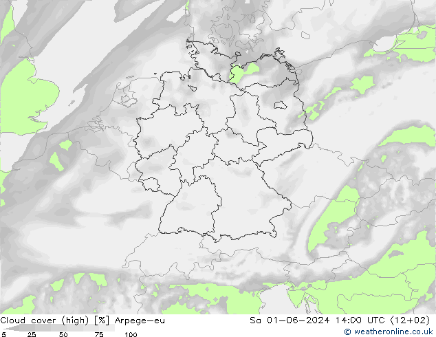 Cloud cover (high) Arpege-eu Sa 01.06.2024 14 UTC