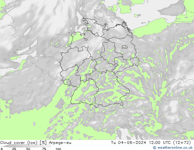 Cloud cover (low) Arpege-eu Tu 04.06.2024 12 UTC