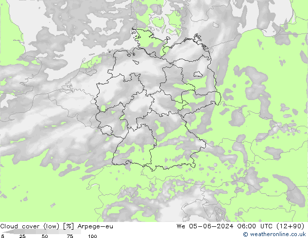 Cloud cover (low) Arpege-eu We 05.06.2024 06 UTC