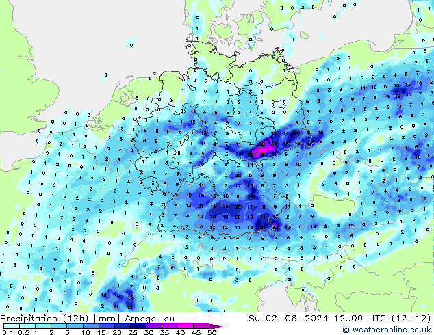 Yağış (12h) Arpege-eu Paz 02.06.2024 00 UTC