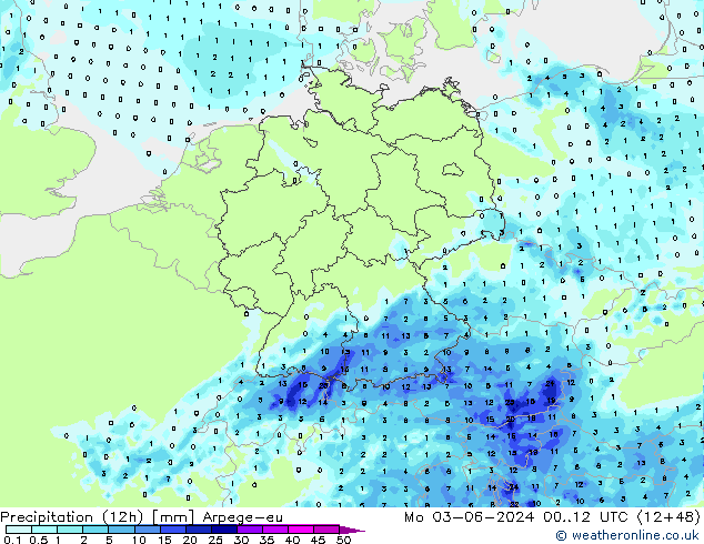 Yağış (12h) Arpege-eu Pzt 03.06.2024 12 UTC