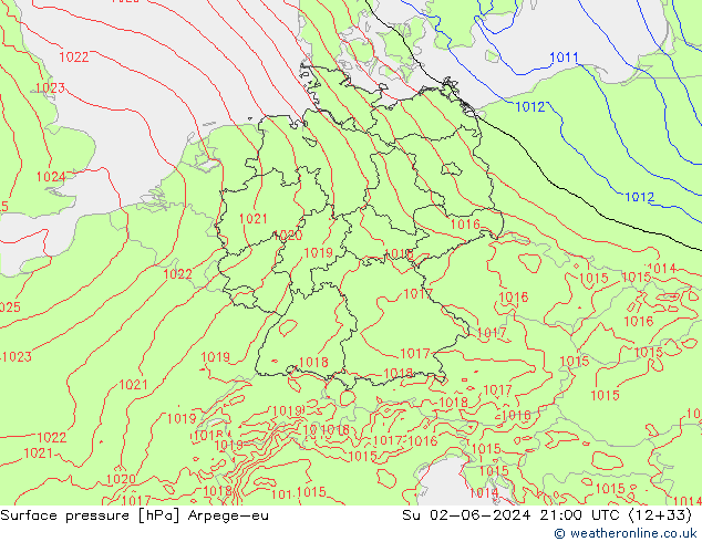 Presión superficial Arpege-eu dom 02.06.2024 21 UTC