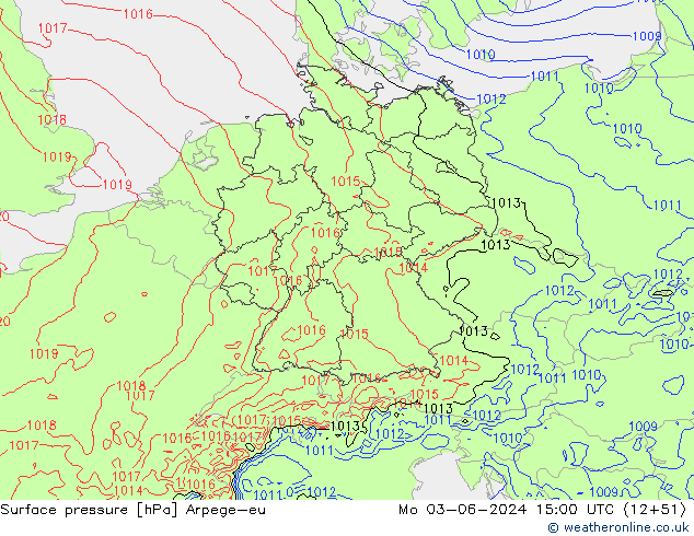 Surface pressure Arpege-eu Mo 03.06.2024 15 UTC