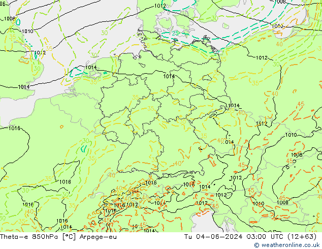 Theta-e 850hPa Arpege-eu Tu 04.06.2024 03 UTC