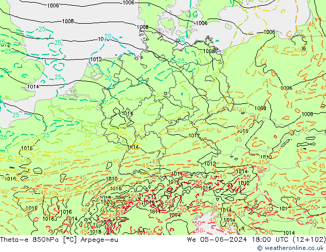 Theta-e 850hPa Arpege-eu Çar 05.06.2024 18 UTC