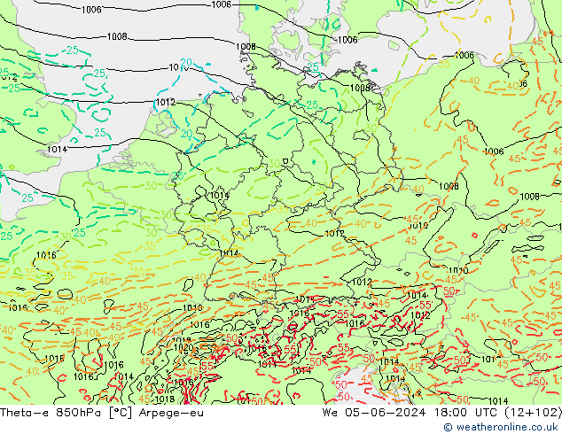 Theta-e 850hPa Arpege-eu śro. 05.06.2024 18 UTC