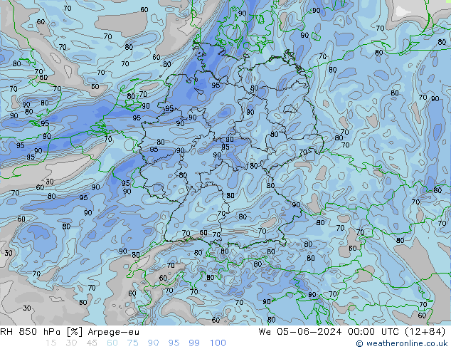 RH 850 гПа Arpege-eu ср 05.06.2024 00 UTC