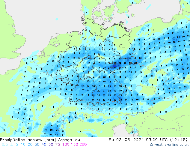 Totale neerslag Arpege-eu zo 02.06.2024 03 UTC