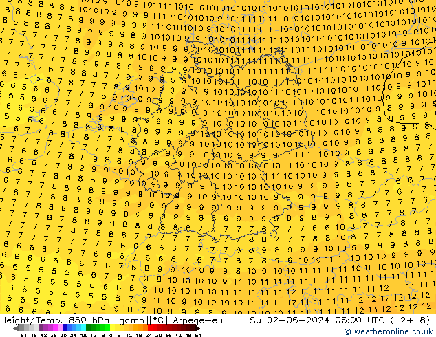 Geop./Temp. 850 hPa Arpege-eu dom 02.06.2024 06 UTC