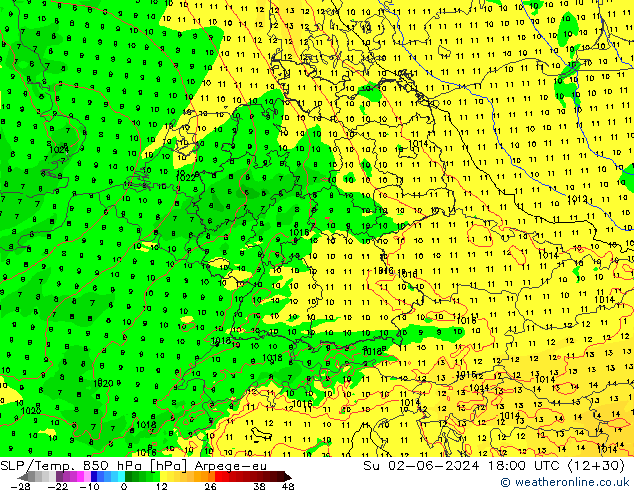 850 hPa Yer Bas./Sıc Arpege-eu Paz 02.06.2024 18 UTC