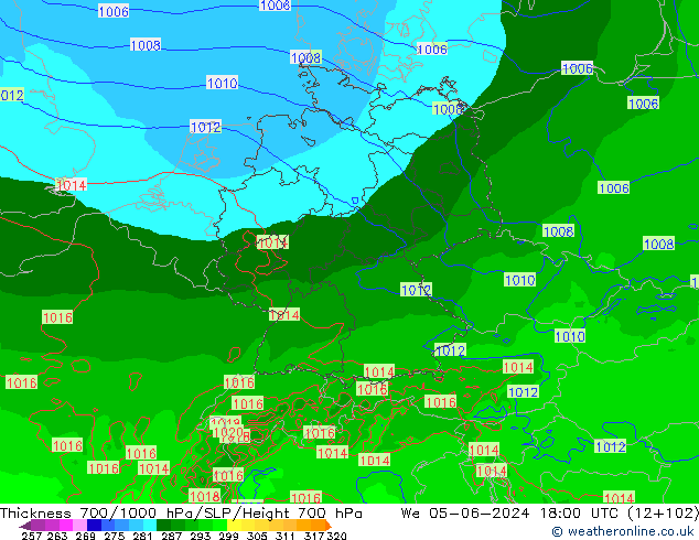 Thck 700-1000 hPa Arpege-eu We 05.06.2024 18 UTC