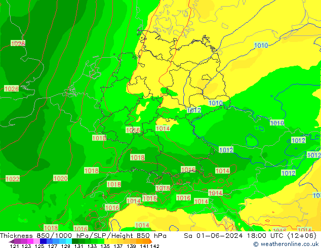 Espesor 850-1000 hPa Arpege-eu sáb 01.06.2024 18 UTC